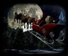 Noel Baba büyülü Noel gecesi uçan ren geyikleri tarafından çekilen bir atlı kızak